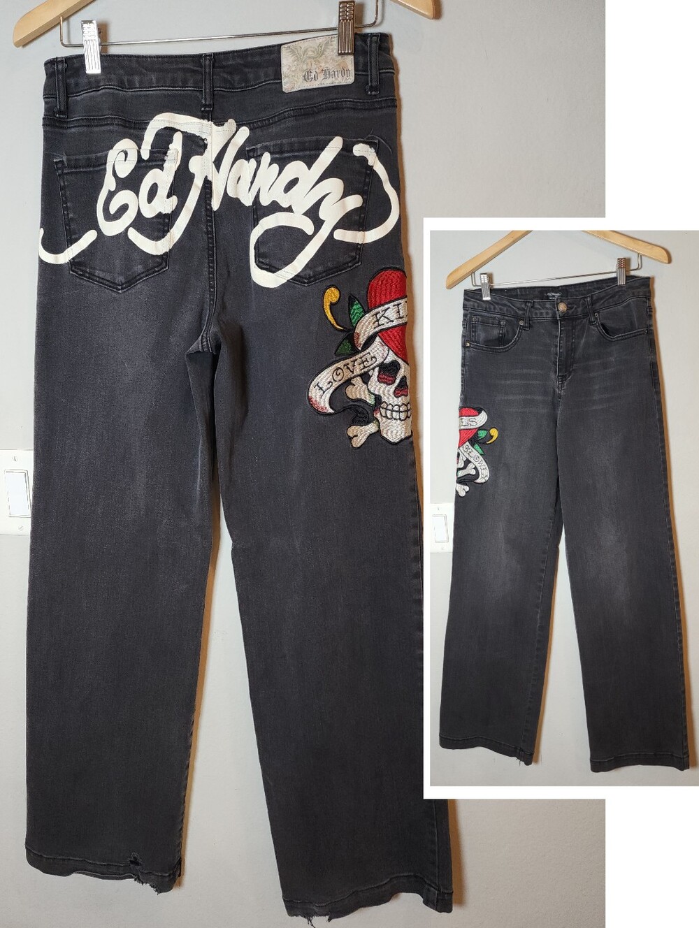 Ed Hardy Washed Black Jeans Patch Embroidered Women's Size 28 (6) Stretch Denim